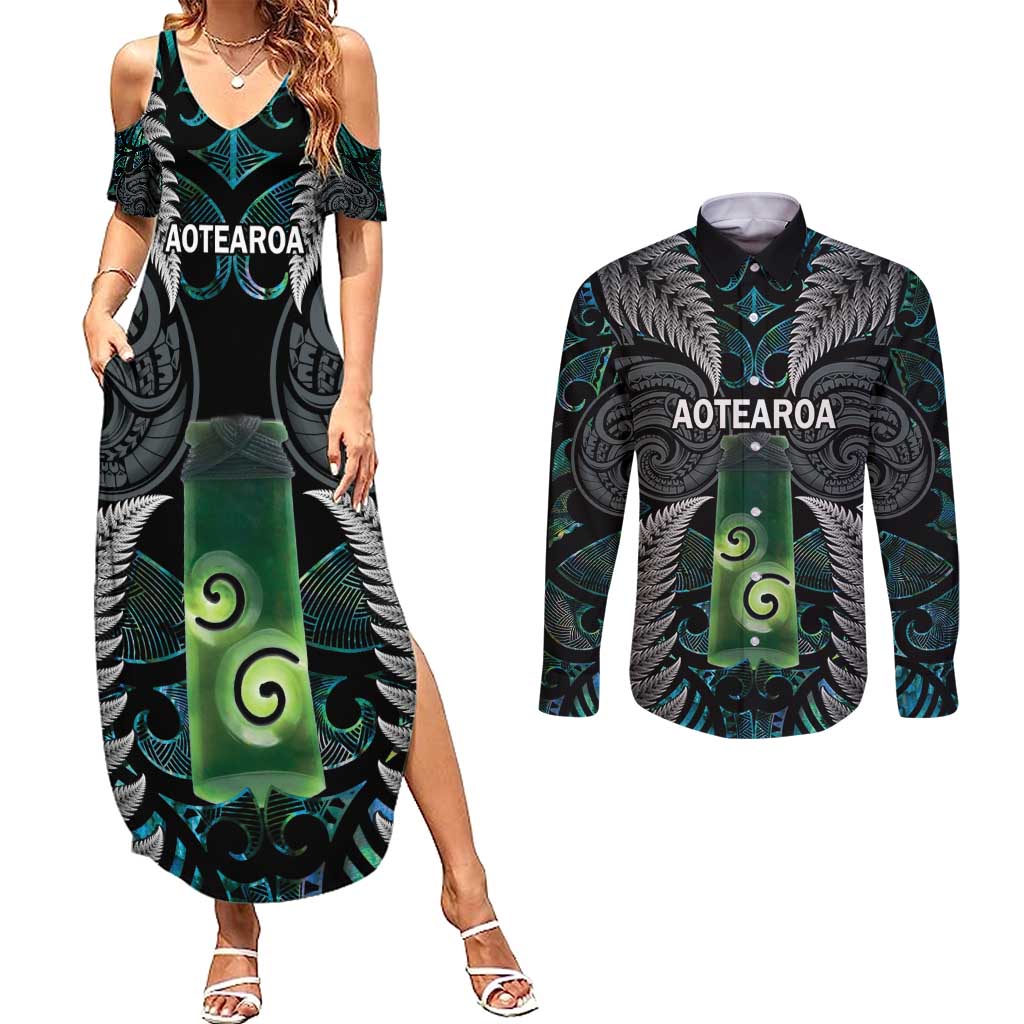 Personalised New Zealand Toki Couples Matching Summer Maxi Dress and Long Sleeve Button Shirt Silver Fern Mix Aotearoa Maori Pattern LT14 Black - Polynesian Pride