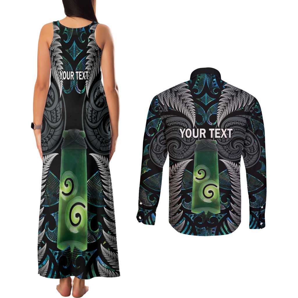 Personalised New Zealand Toki Couples Matching Tank Maxi Dress and Long Sleeve Button Shirt Silver Fern Mix Aotearoa Maori Pattern