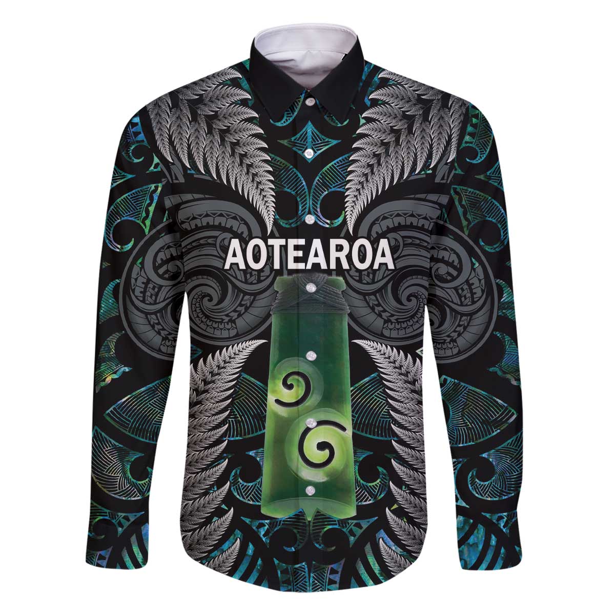 Personalised New Zealand Toki Family Matching Off The Shoulder Long Sleeve Dress and Hawaiian Shirt Silver Fern Mix Aotearoa Maori Pattern LT14 Dad's Shirt - Long Sleeve Black - Polynesian Pride