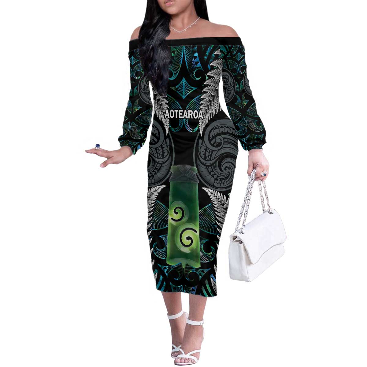 Personalised New Zealand Toki Family Matching Off The Shoulder Long Sleeve Dress and Hawaiian Shirt Silver Fern Mix Aotearoa Maori Pattern LT14 Mom's Dress Black - Polynesian Pride
