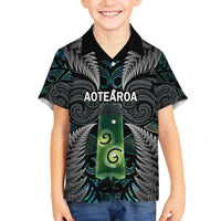 Personalised New Zealand Toki Family Matching Off The Shoulder Long Sleeve Dress and Hawaiian Shirt Silver Fern Mix Aotearoa Maori Pattern LT14 Son's Shirt Black - Polynesian Pride