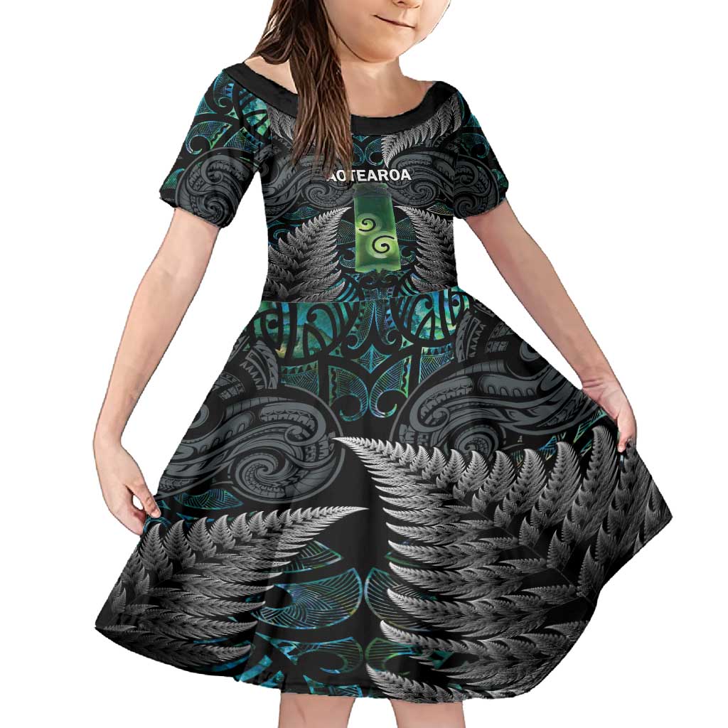 Personalised New Zealand Toki Family Matching Summer Maxi Dress and Hawaiian Shirt Silver Fern Mix Aotearoa Maori Pattern LT14 Daughter's Dress Black - Polynesian Pride