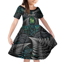 Personalised New Zealand Toki Family Matching Summer Maxi Dress and Hawaiian Shirt Silver Fern Mix Aotearoa Maori Pattern LT14 Daughter's Dress Black - Polynesian Pride