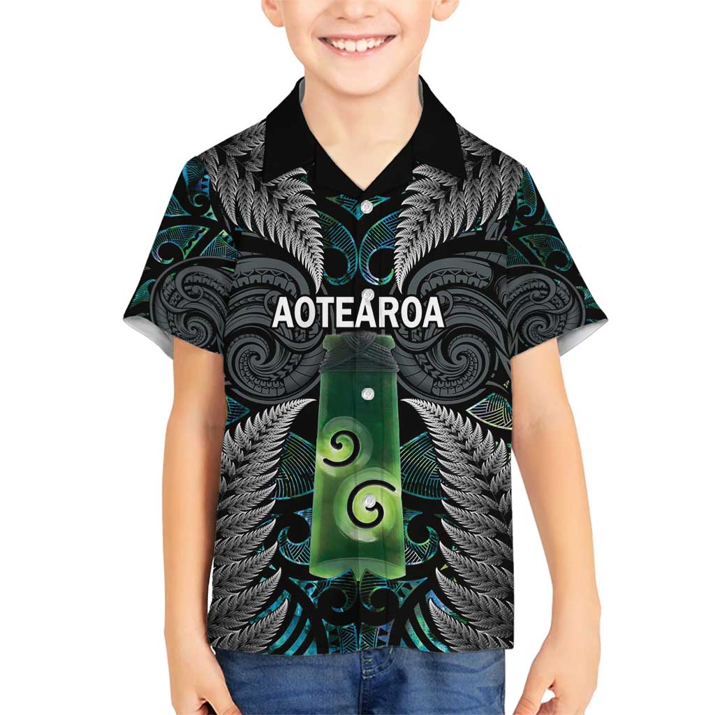 Personalised New Zealand Toki Family Matching Tank Maxi Dress and Hawaiian Shirt Silver Fern Mix Aotearoa Maori Pattern LT14 Son's Shirt Black - Polynesian Pride