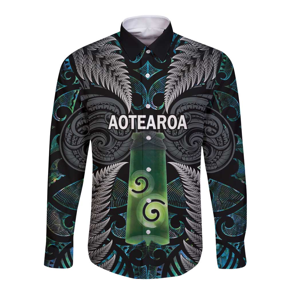 Personalised New Zealand Toki Long Sleeve Button Shirt Silver Fern Mix Aotearoa Maori Pattern LT14 Unisex Black - Polynesian Pride