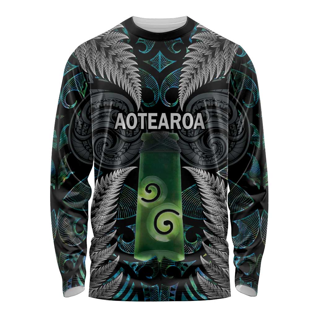 Personalised New Zealand Toki Long Sleeve Shirt Silver Fern Mix Aotearoa Maori Pattern LT14 Unisex Black - Polynesian Pride