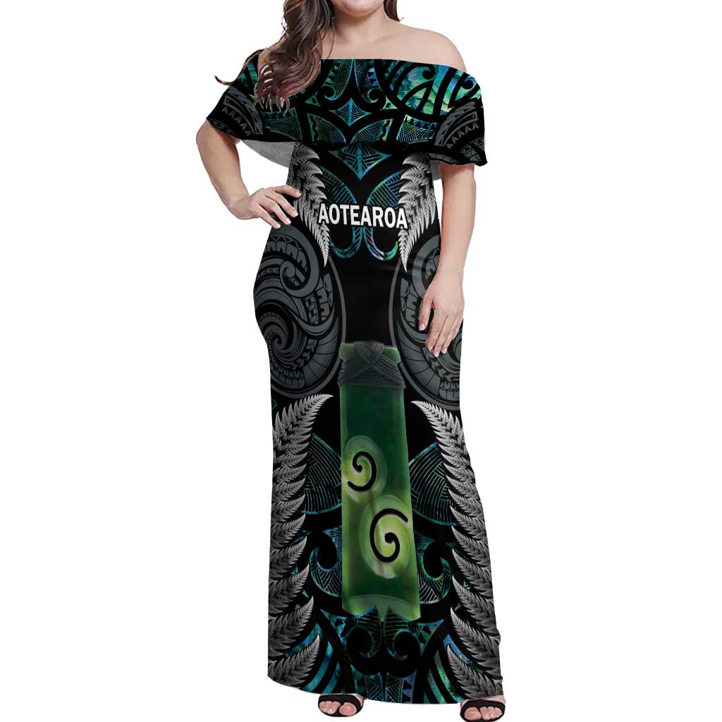 Personalised New Zealand Toki Off Shoulder Maxi Dress Silver Fern Mix Aotearoa Maori Pattern LT14 Women Black - Polynesian Pride
