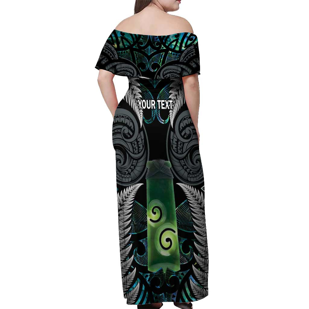 Personalised New Zealand Toki Off Shoulder Maxi Dress Silver Fern Mix Aotearoa Maori Pattern LT14 - Polynesian Pride
