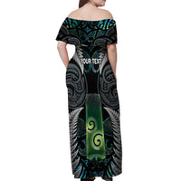 Personalised New Zealand Toki Off Shoulder Maxi Dress Silver Fern Mix Aotearoa Maori Pattern LT14 - Polynesian Pride