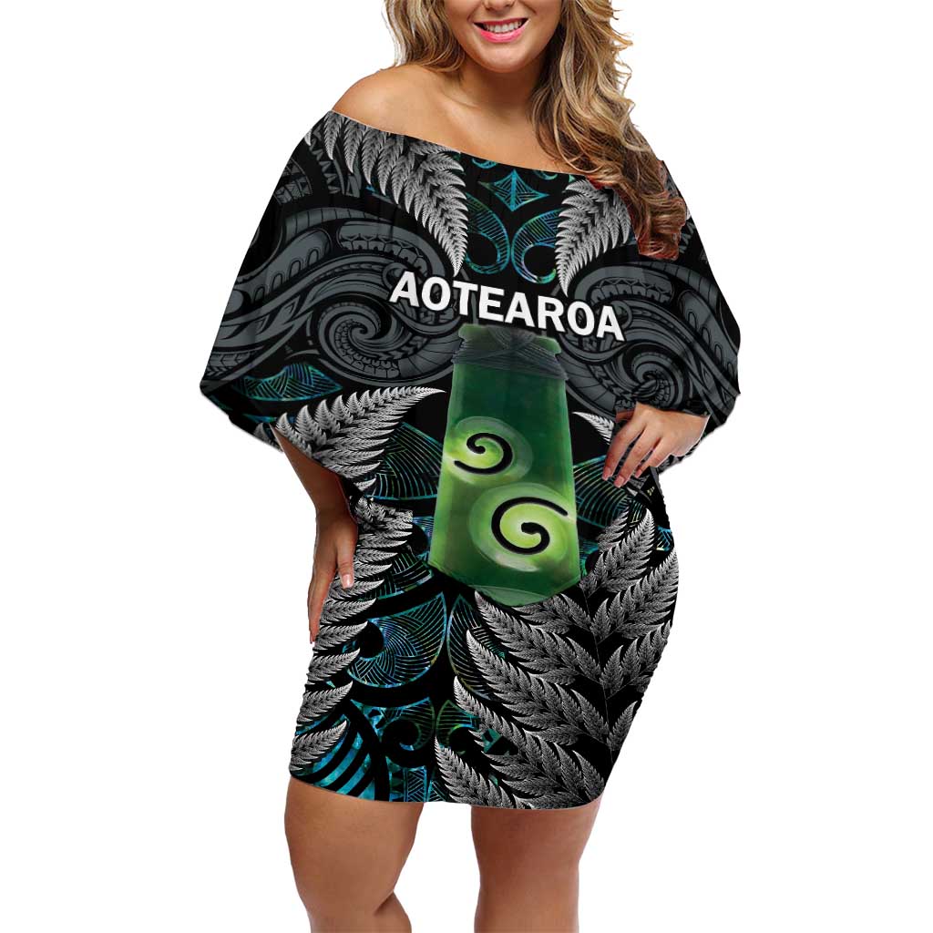 Personalised New Zealand Toki Off Shoulder Short Dress Silver Fern Mix Aotearoa Maori Pattern LT14 Women Black - Polynesian Pride