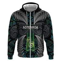 Personalised New Zealand Toki Zip Hoodie Silver Fern Mix Aotearoa Maori Pattern LT14 Zip Hoodie Black - Polynesian Pride