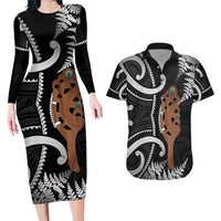New Zealand Maripi Couples Matching Long Sleeve Bodycon Dress and Hawaiian Shirt Silver Fern Mix Aotearoa Maori Pattern