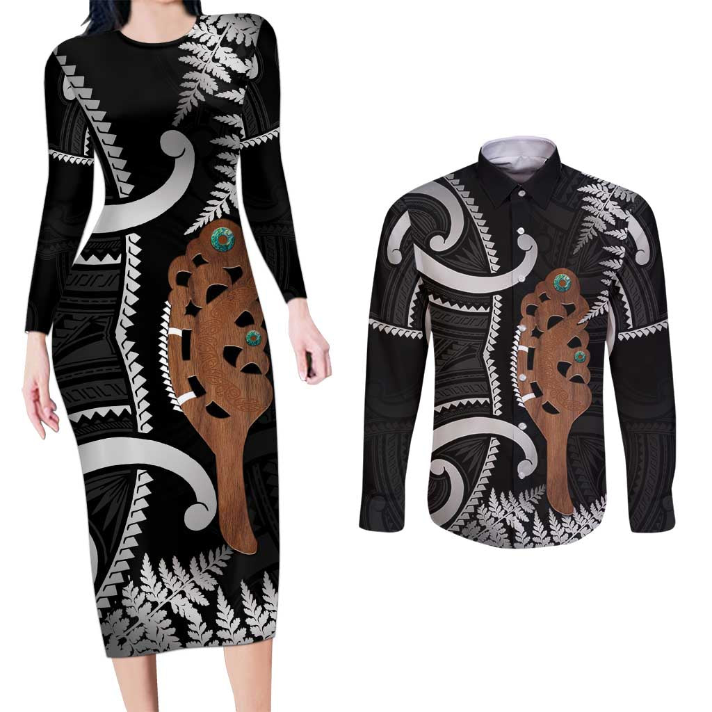 New Zealand Maripi Couples Matching Long Sleeve Bodycon Dress and Long Sleeve Button Shirt Silver Fern Mix Aotearoa Maori Pattern