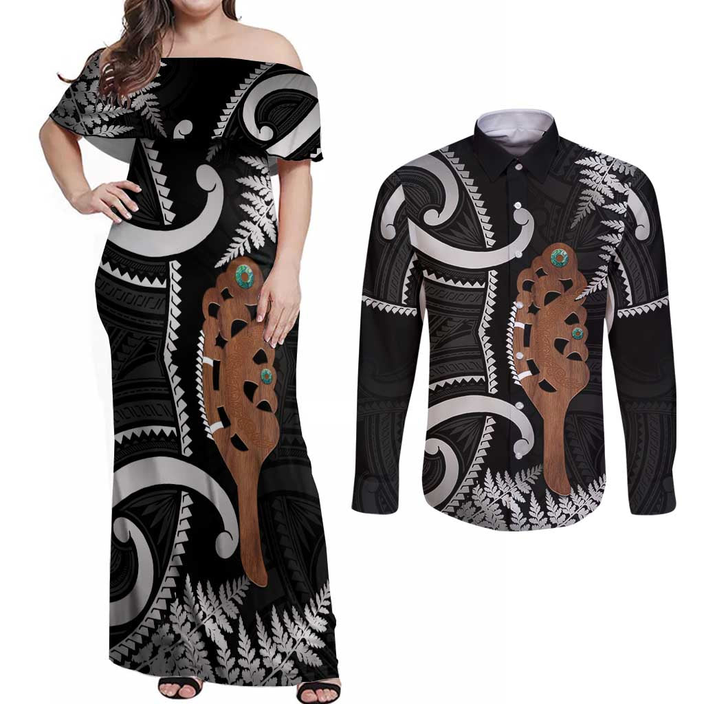 New Zealand Maripi Couples Matching Off Shoulder Maxi Dress and Long Sleeve Button Shirt Silver Fern Mix Aotearoa Maori Pattern