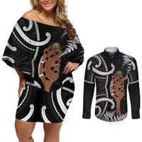 New Zealand Maripi Couples Matching Off Shoulder Short Dress and Long Sleeve Button Shirt Silver Fern Mix Aotearoa Maori Pattern