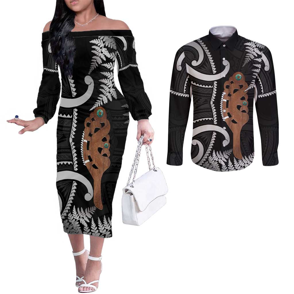 New Zealand Maripi Couples Matching Off The Shoulder Long Sleeve Dress and Long Sleeve Button Shirt Silver Fern Mix Aotearoa Maori Pattern