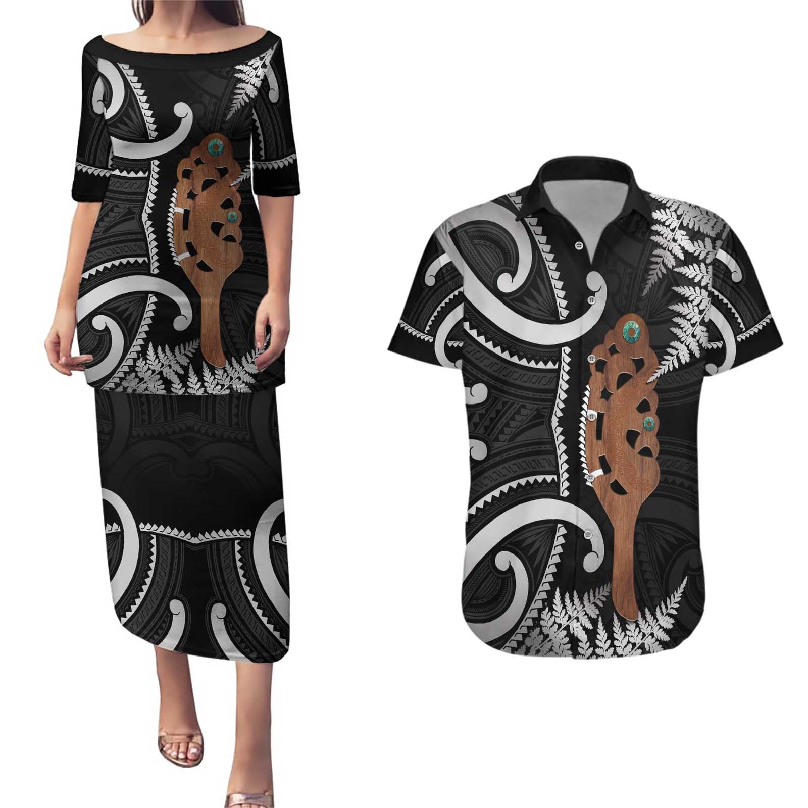 New Zealand Maripi Couples Matching Puletasi and Hawaiian Shirt Silver Fern Mix Aotearoa Maori Pattern