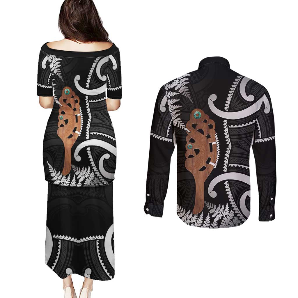 New Zealand Maripi Couples Matching Puletasi and Long Sleeve Button Shirt Silver Fern Mix Aotearoa Maori Pattern