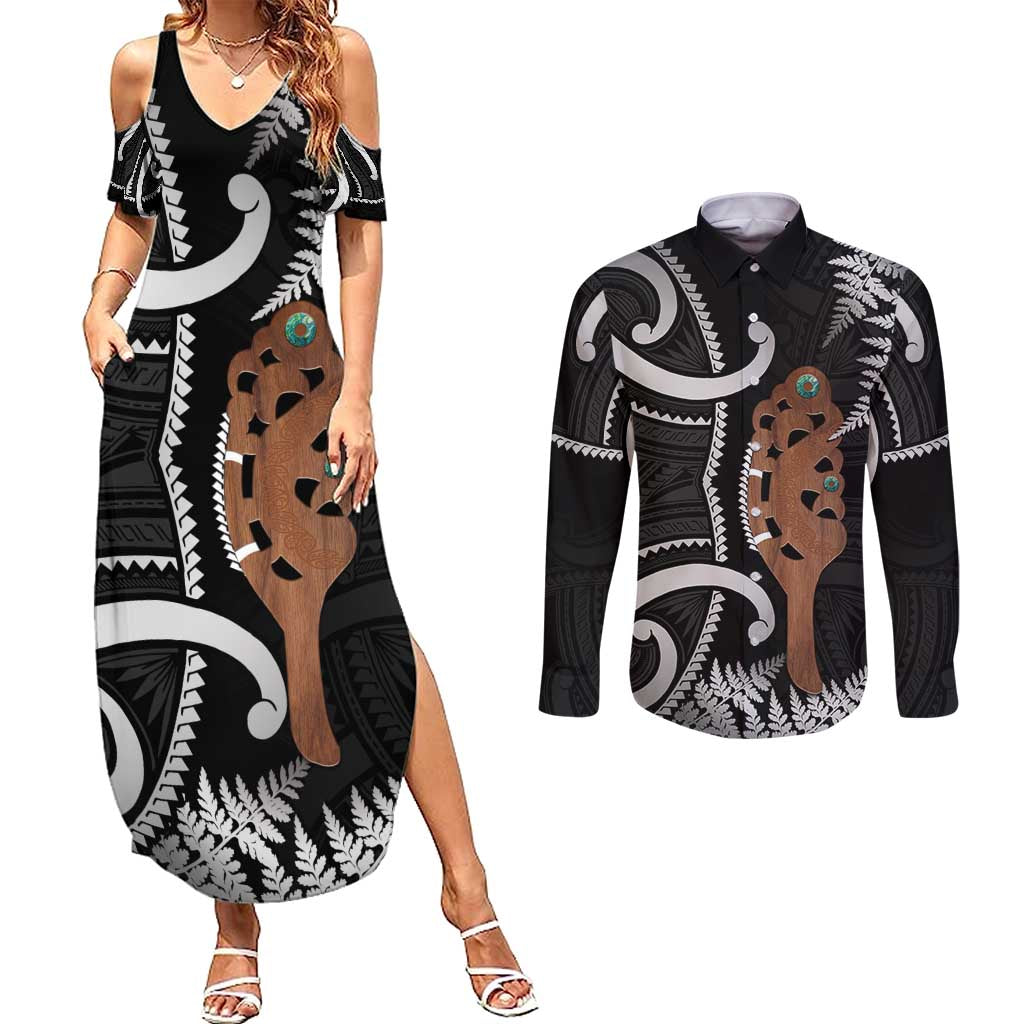 New Zealand Maripi Couples Matching Summer Maxi Dress and Long Sleeve Button Shirt Silver Fern Mix Aotearoa Maori Pattern