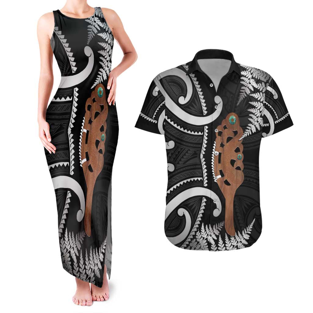 New Zealand Maripi Couples Matching Tank Maxi Dress and Hawaiian Shirt Silver Fern Mix Aotearoa Maori Pattern
