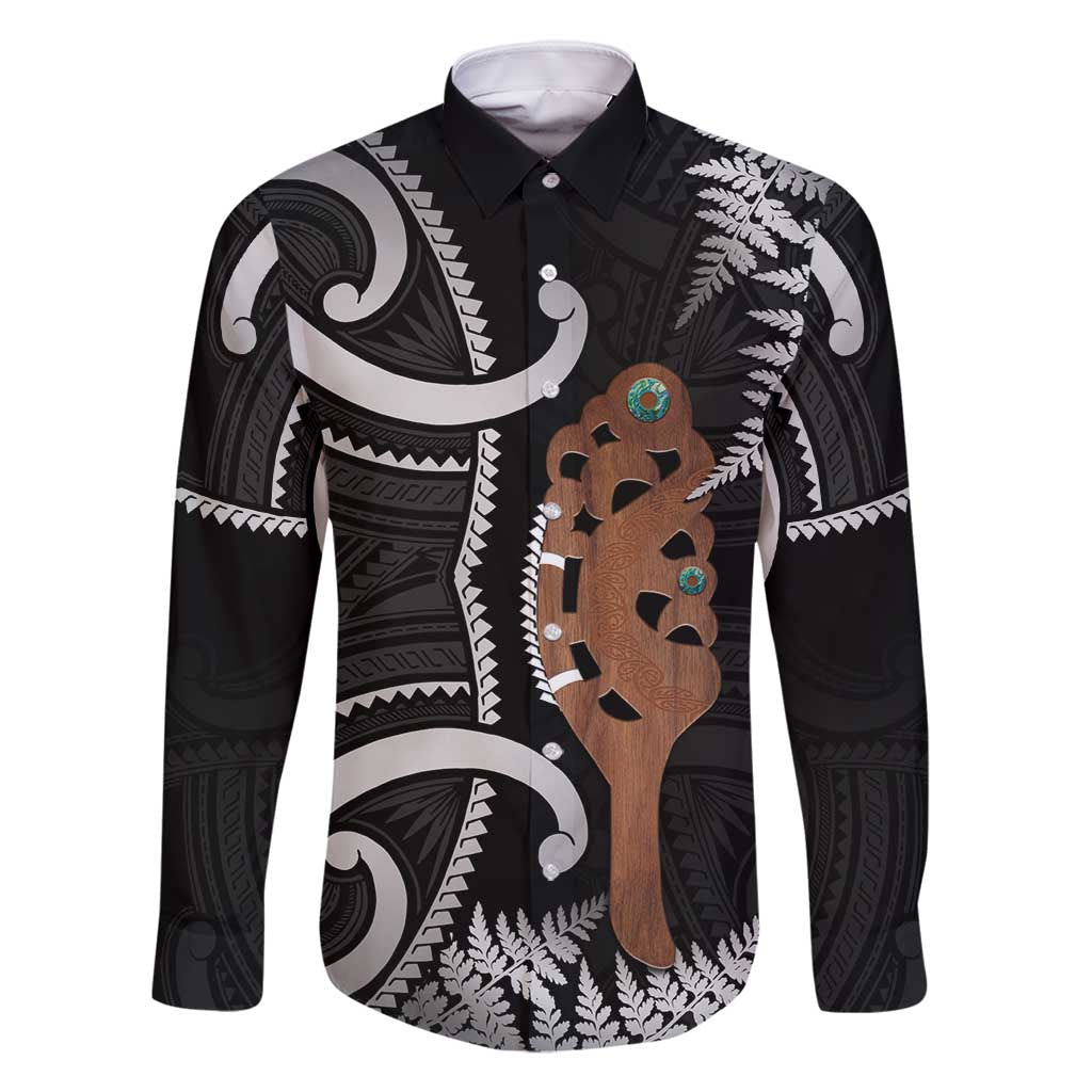 New Zealand Maripi Family Matching Mermaid Dress and Hawaiian Shirt Silver Fern Mix Aotearoa Maori Pattern LT14 Dad's Shirt - Long Sleeve Black - Polynesian Pride