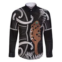 New Zealand Maripi Family Matching Mermaid Dress and Hawaiian Shirt Silver Fern Mix Aotearoa Maori Pattern LT14 Dad's Shirt - Long Sleeve Black - Polynesian Pride