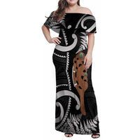 New Zealand Maripi Family Matching Off Shoulder Maxi Dress and Hawaiian Shirt Silver Fern Mix Aotearoa Maori Pattern