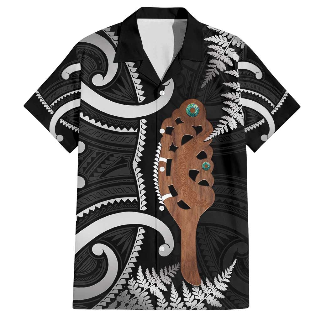 New Zealand Maripi Family Matching Off Shoulder Short Dress and Hawaiian Shirt Silver Fern Mix Aotearoa Maori Pattern LT14 Dad's Shirt - Short Sleeve Black - Polynesian Pride