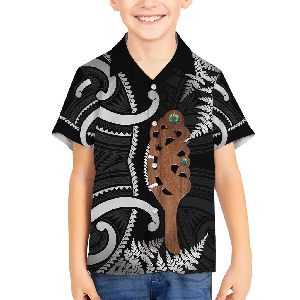 New Zealand Maripi Family Matching Off Shoulder Short Dress and Hawaiian Shirt Silver Fern Mix Aotearoa Maori Pattern LT14 Son's Shirt Black - Polynesian Pride