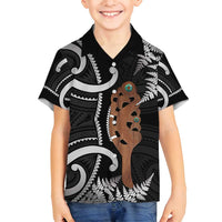 New Zealand Maripi Family Matching Off Shoulder Short Dress and Hawaiian Shirt Silver Fern Mix Aotearoa Maori Pattern LT14 Son's Shirt Black - Polynesian Pride