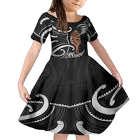 New Zealand Maripi Family Matching Tank Maxi Dress and Hawaiian Shirt Silver Fern Mix Aotearoa Maori Pattern LT14 Daughter's Dress Black - Polynesian Pride