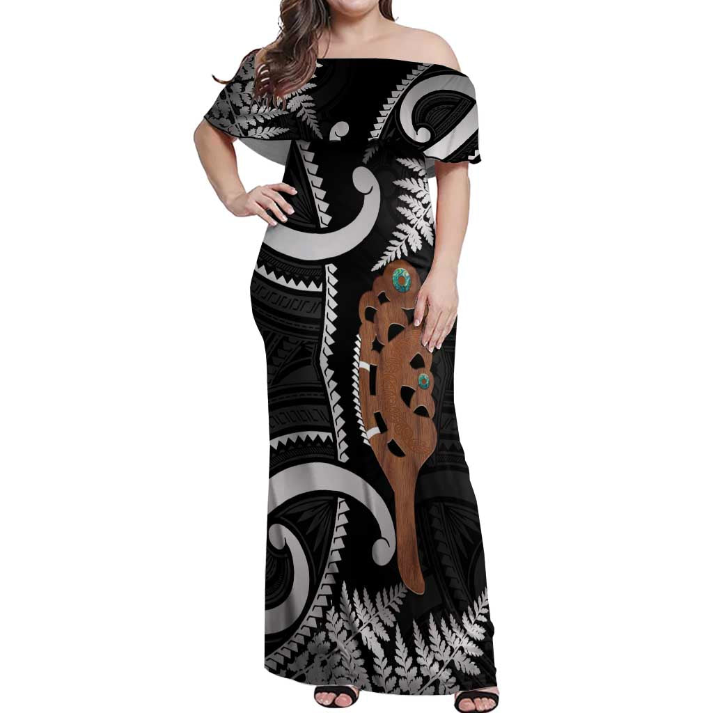 New Zealand Maripi Off Shoulder Maxi Dress Silver Fern Mix Aotearoa Maori Pattern LT14 Women Black - Polynesian Pride