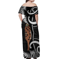 New Zealand Maripi Off Shoulder Maxi Dress Silver Fern Mix Aotearoa Maori Pattern LT14 - Polynesian Pride