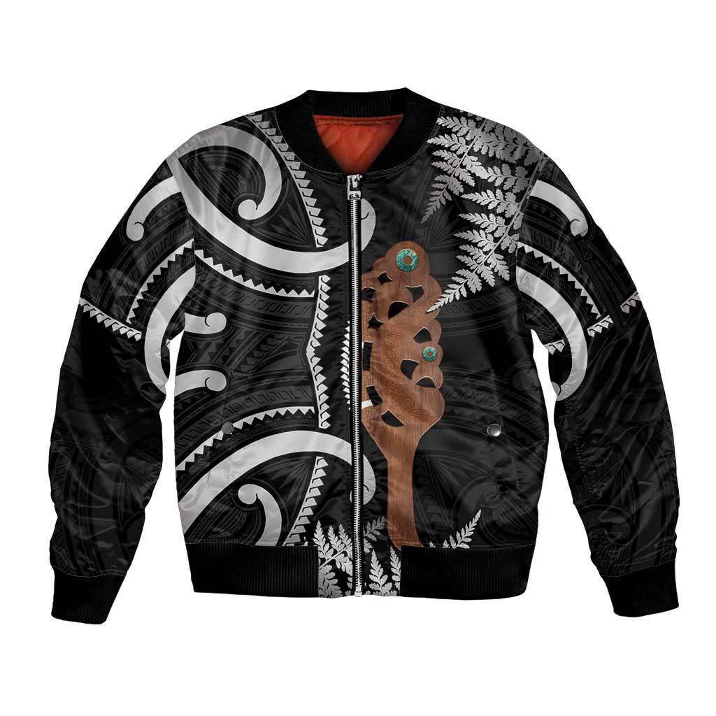 New Zealand Maripi Sleeve Zip Bomber Jacket Silver Fern Mix Aotearoa Maori Pattern