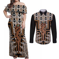 New Zealand Couples Matching Off Shoulder Maxi Dress and Long Sleeve Button Shirt Maori Maripi Knife With Poutama Art