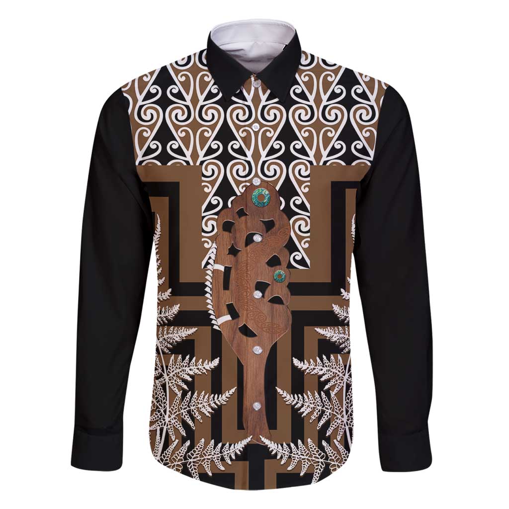 New Zealand Family Matching Mermaid Dress and Hawaiian Shirt Maori Maripi Knife With Poutama Art LT14 Dad's Shirt - Long Sleeve Brown - Polynesian Pride