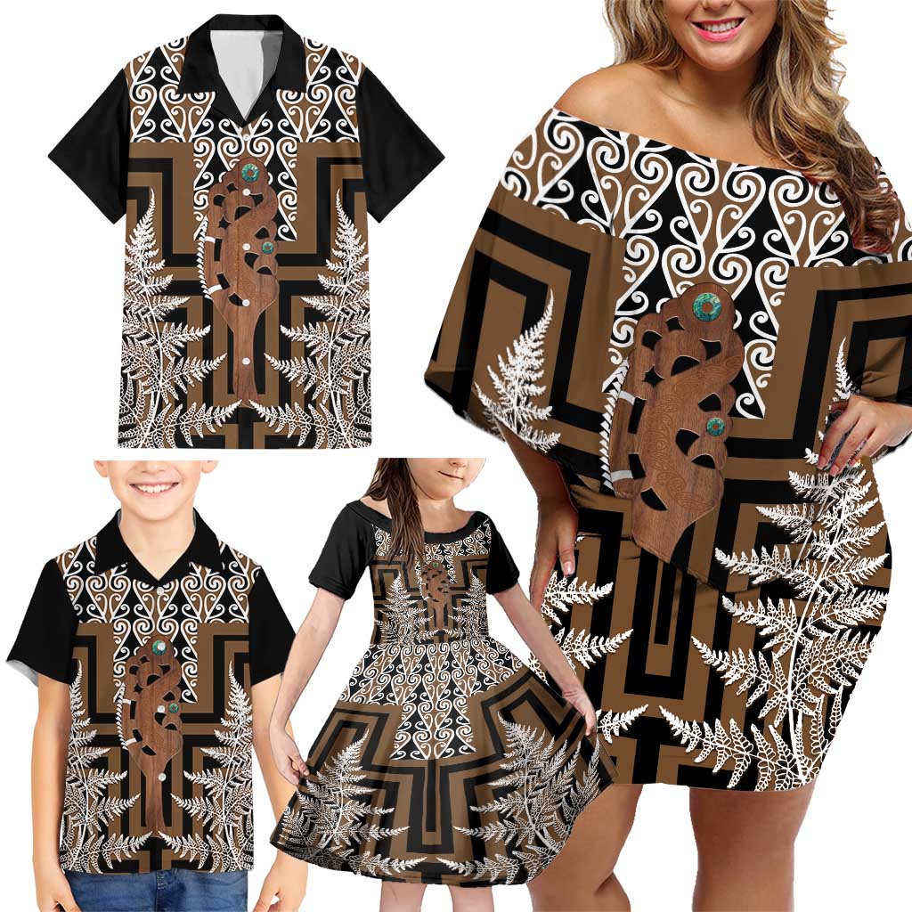 New Zealand Family Matching Off Shoulder Short Dress and Hawaiian Shirt Maori Maripi Knife With Poutama Art
