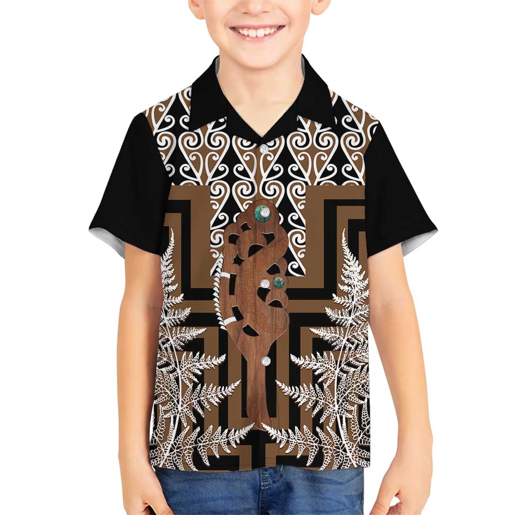New Zealand Family Matching Tank Maxi Dress and Hawaiian Shirt Maori Maripi Knife With Poutama Art LT14 Son's Shirt Brown - Polynesian Pride