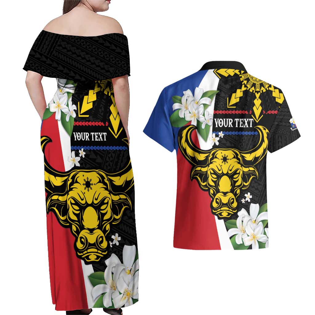 Personalised Philippines Carabao Couples Matching Off Shoulder Maxi Dress and Hawaiian Shirt Filipino Sun Mix Sampaguita Flower