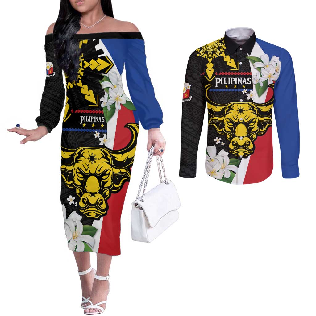 Personalised Philippines Carabao Couples Matching Off The Shoulder Long Sleeve Dress and Long Sleeve Button Shirt Filipino Sun Mix Sampaguita Flower