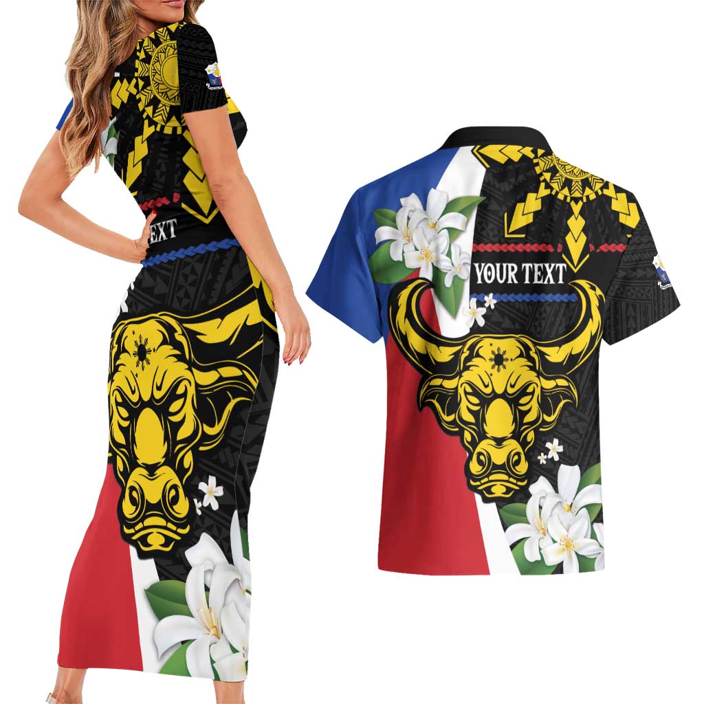 Personalised Philippines Carabao Couples Matching Short Sleeve Bodycon Dress and Hawaiian Shirt Filipino Sun Mix Sampaguita Flower