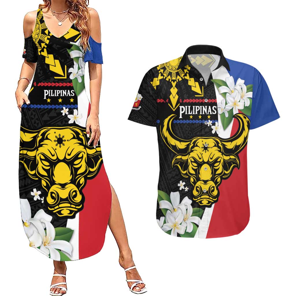 Personalised Philippines Carabao Couples Matching Summer Maxi Dress and Hawaiian Shirt Filipino Sun Mix Sampaguita Flower