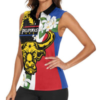 Personalised Philippines Carabao Women Sleeveless Polo Shirt Filipino Sun Mix Sampaguita Flower