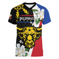 Personalised Philippines Carabao Women V-Neck T-Shirt Filipino Sun Mix Sampaguita Flower