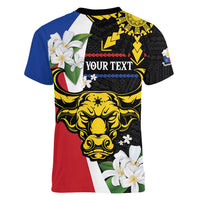 Personalised Philippines Carabao Women V-Neck T-Shirt Filipino Sun Mix Sampaguita Flower