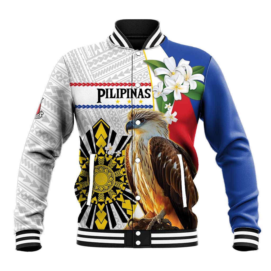 Personalised Philippines Eagle Baseball Jacket Filipino Sun Mix Sampaguita Flower LT14 Unisex White - Polynesian Pride