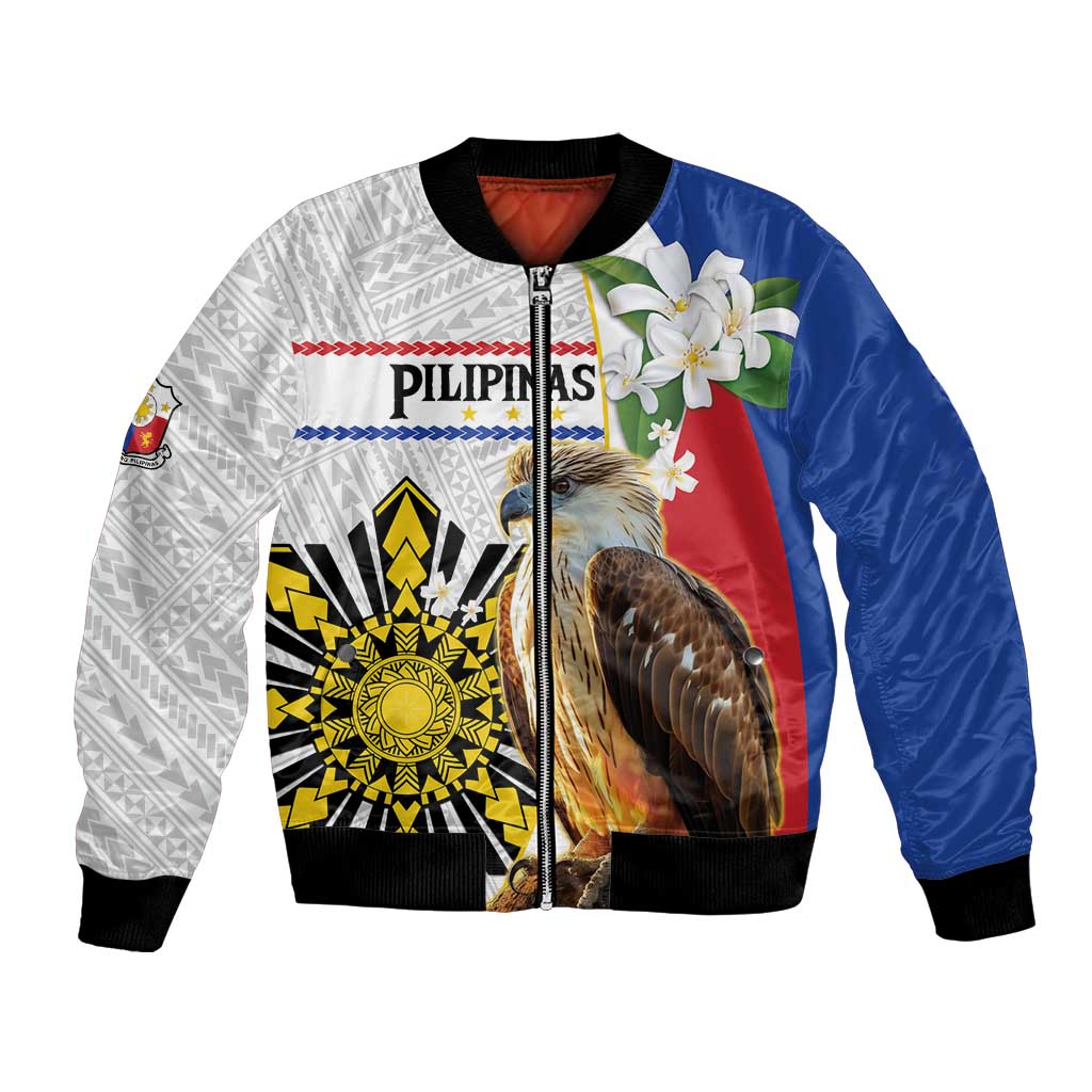 Personalised Philippines Eagle Bomber Jacket Filipino Sun Mix Sampaguita Flower LT14 Unisex White - Polynesian Pride