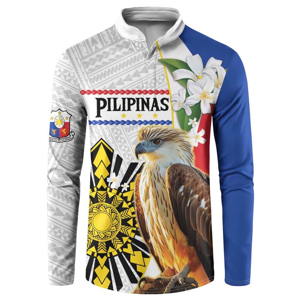 Personalised Philippines Eagle Button Sweatshirt Filipino Sun Mix Sampaguita Flower LT14 White - Polynesian Pride