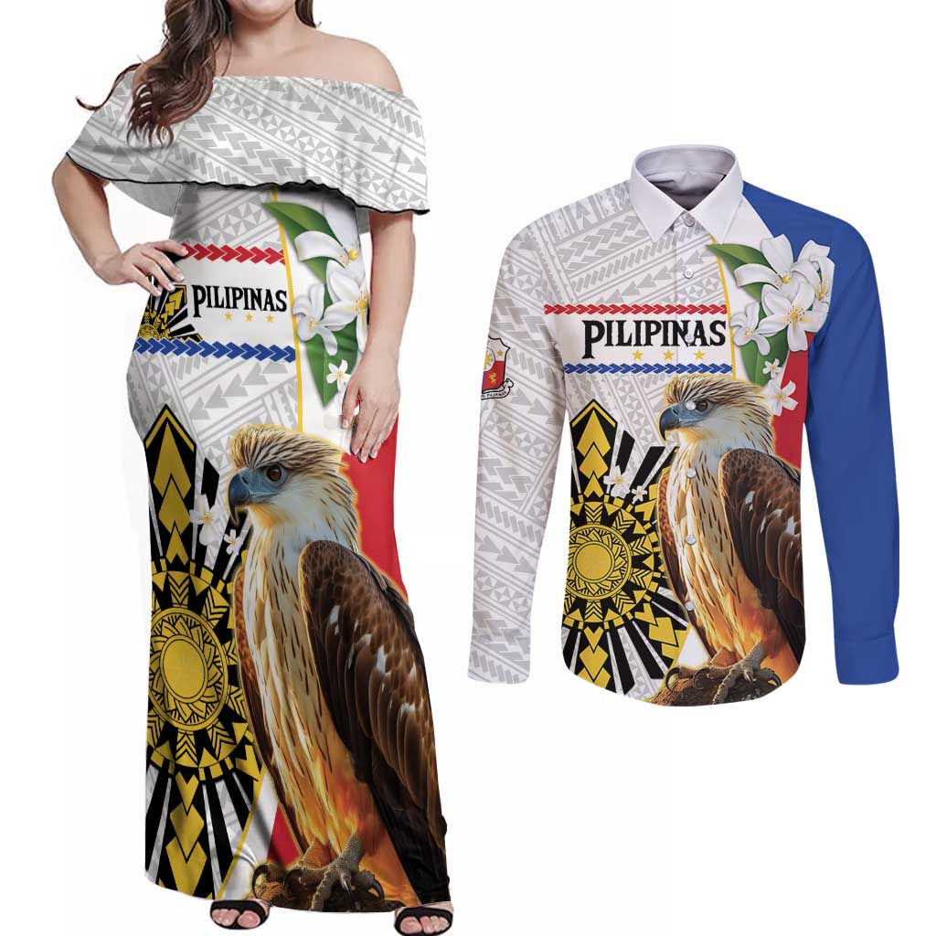 Personalised Philippines Eagle Couples Matching Off Shoulder Maxi Dress and Long Sleeve Button Shirt Filipino Sun Mix Sampaguita Flower LT14 White - Polynesian Pride