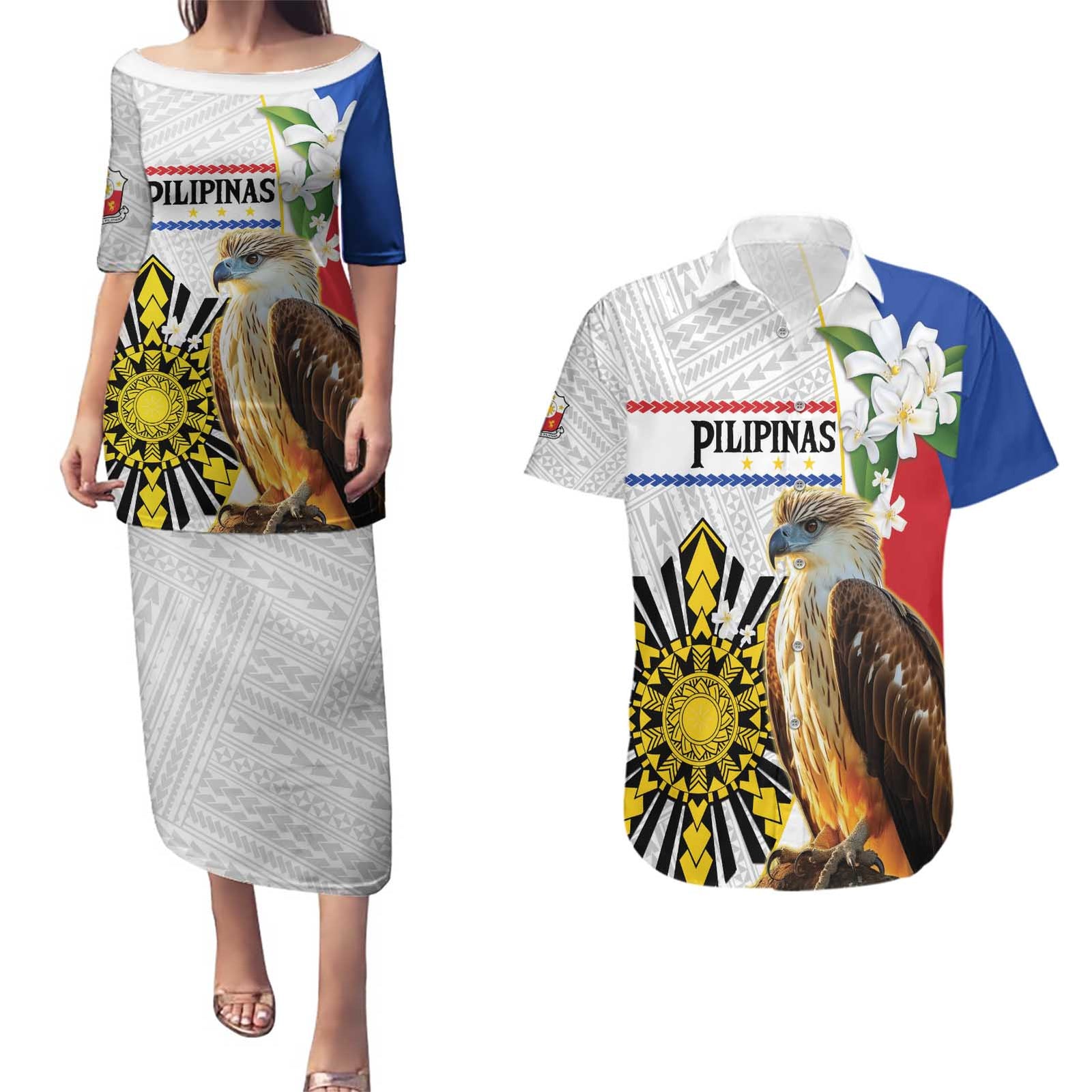 Personalised Philippines Eagle Couples Matching Puletasi and Hawaiian Shirt Filipino Sun Mix Sampaguita Flower LT14 White - Polynesian Pride